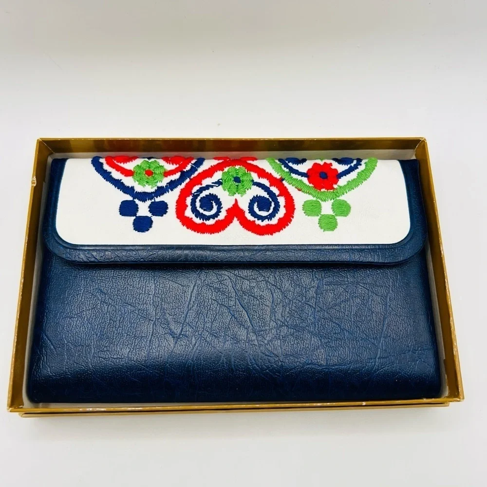Vintage Shaker Square Embroidered Checkbook Wallet Navy Vinyl NOS